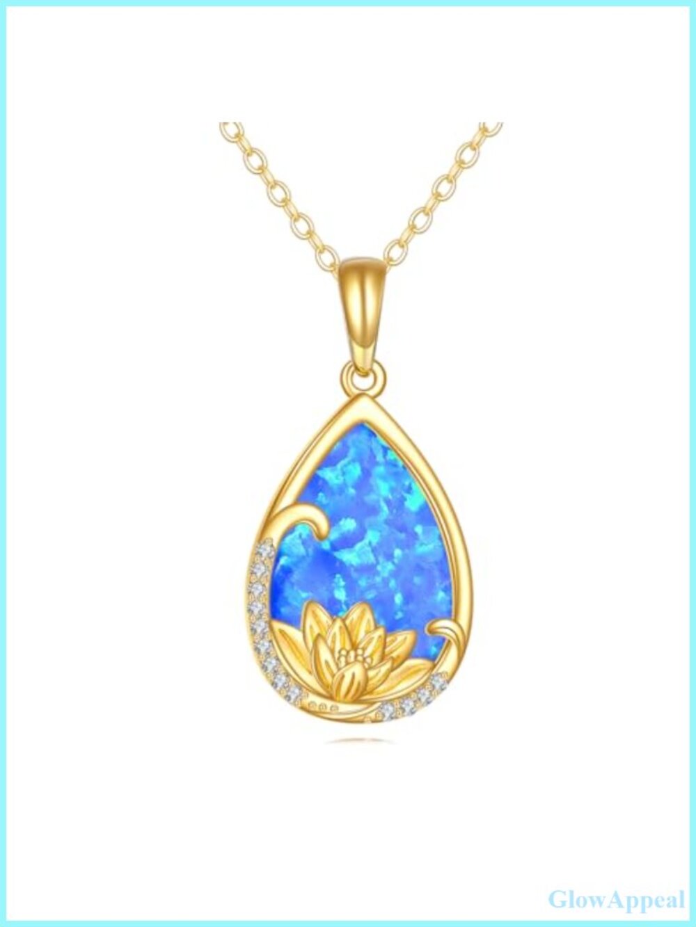 14K Solid Gold Lotus Flower Pendant Necklace Blue Opal Celtic Knot Women Gift